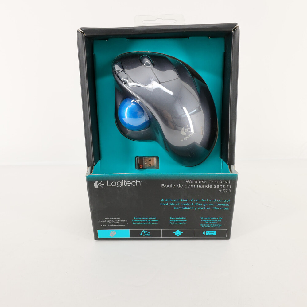 Logitech M570 Wireless Trackball Mouse Gray Blue Ergonomic Unifying Receiver